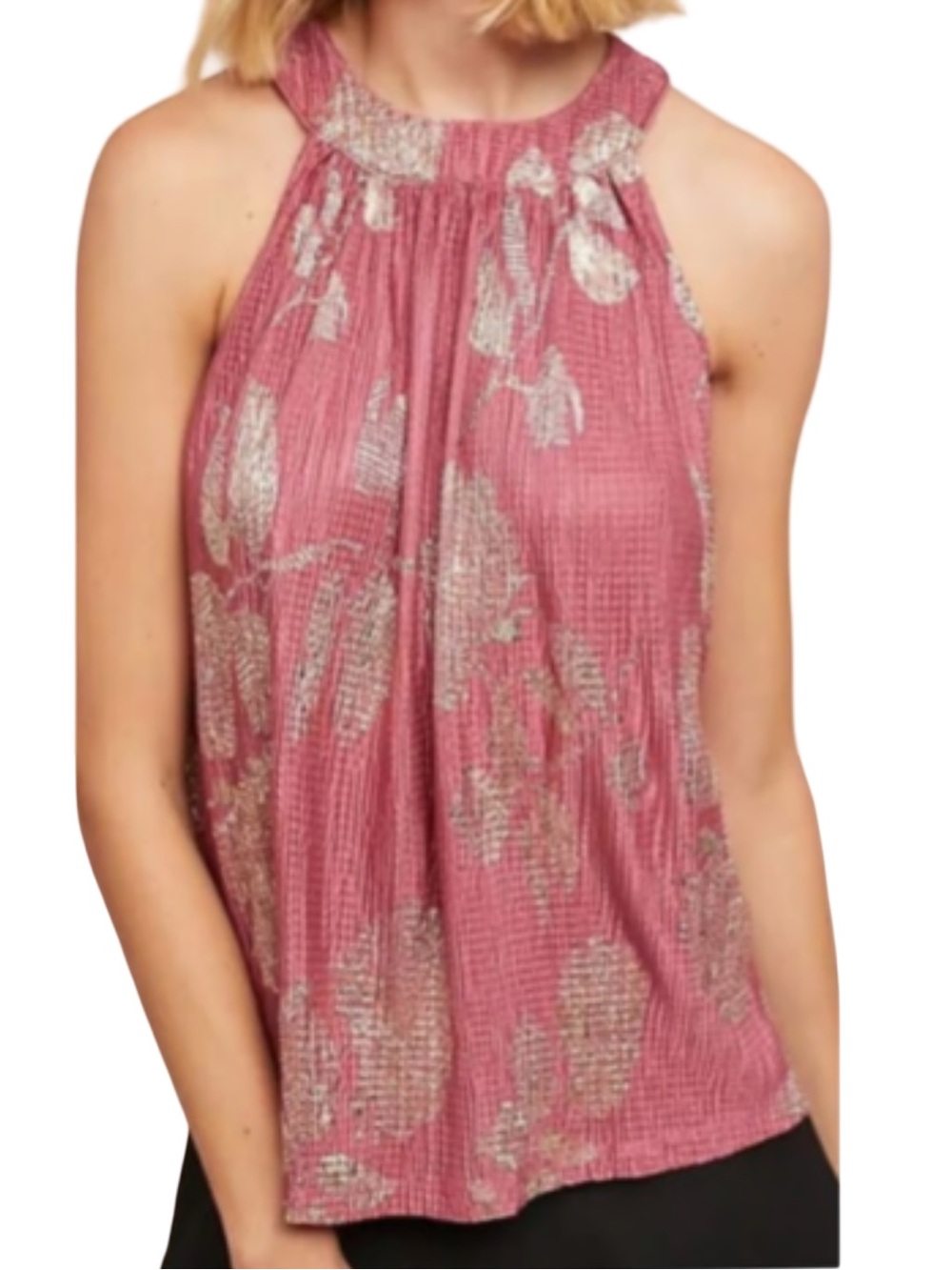 Feather & Bone Anthropologie Rose Pink Floral Gold Leaf Halter Top Size Small